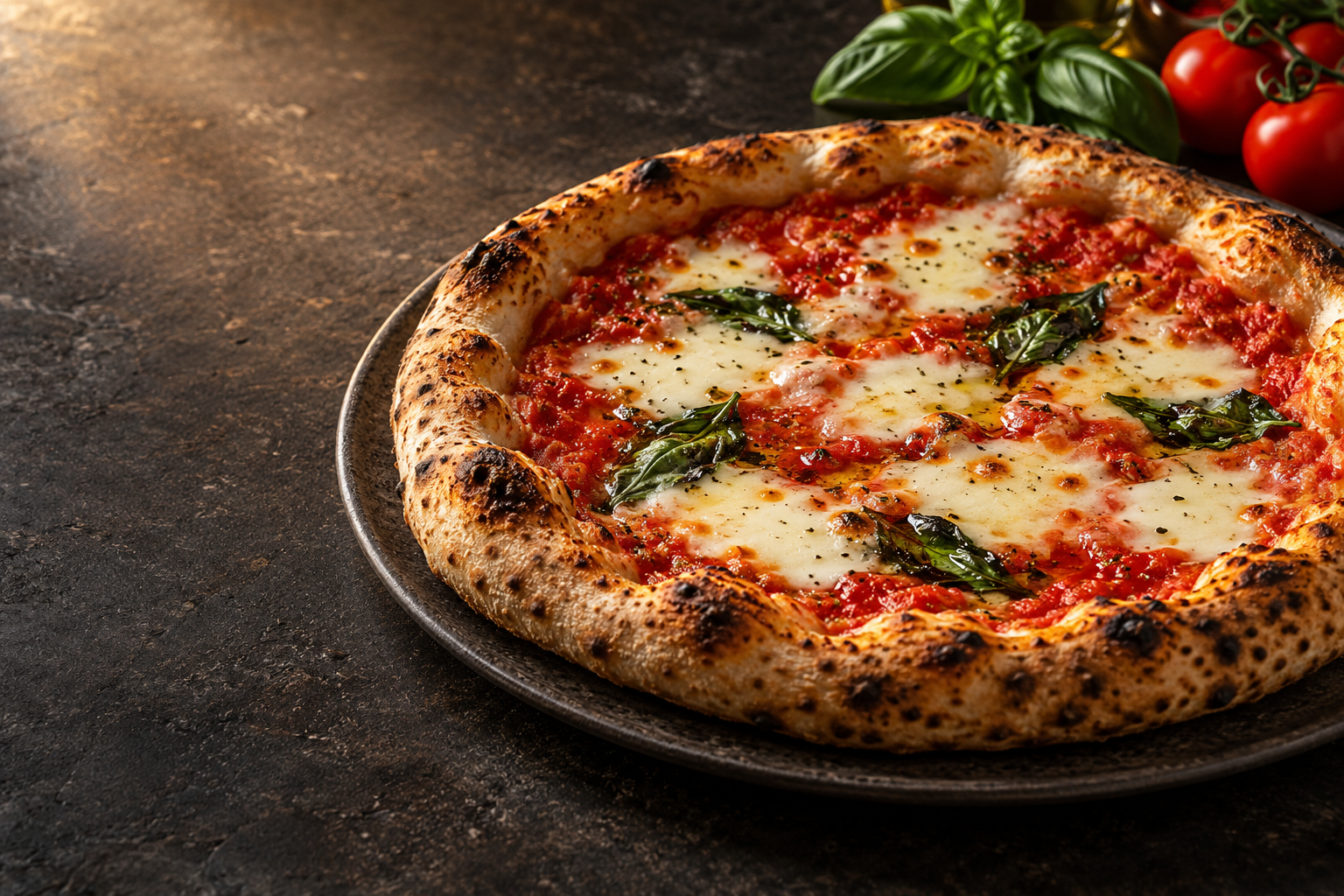 Frisch gebackene Pizza mit Mozzarella und Basilikum